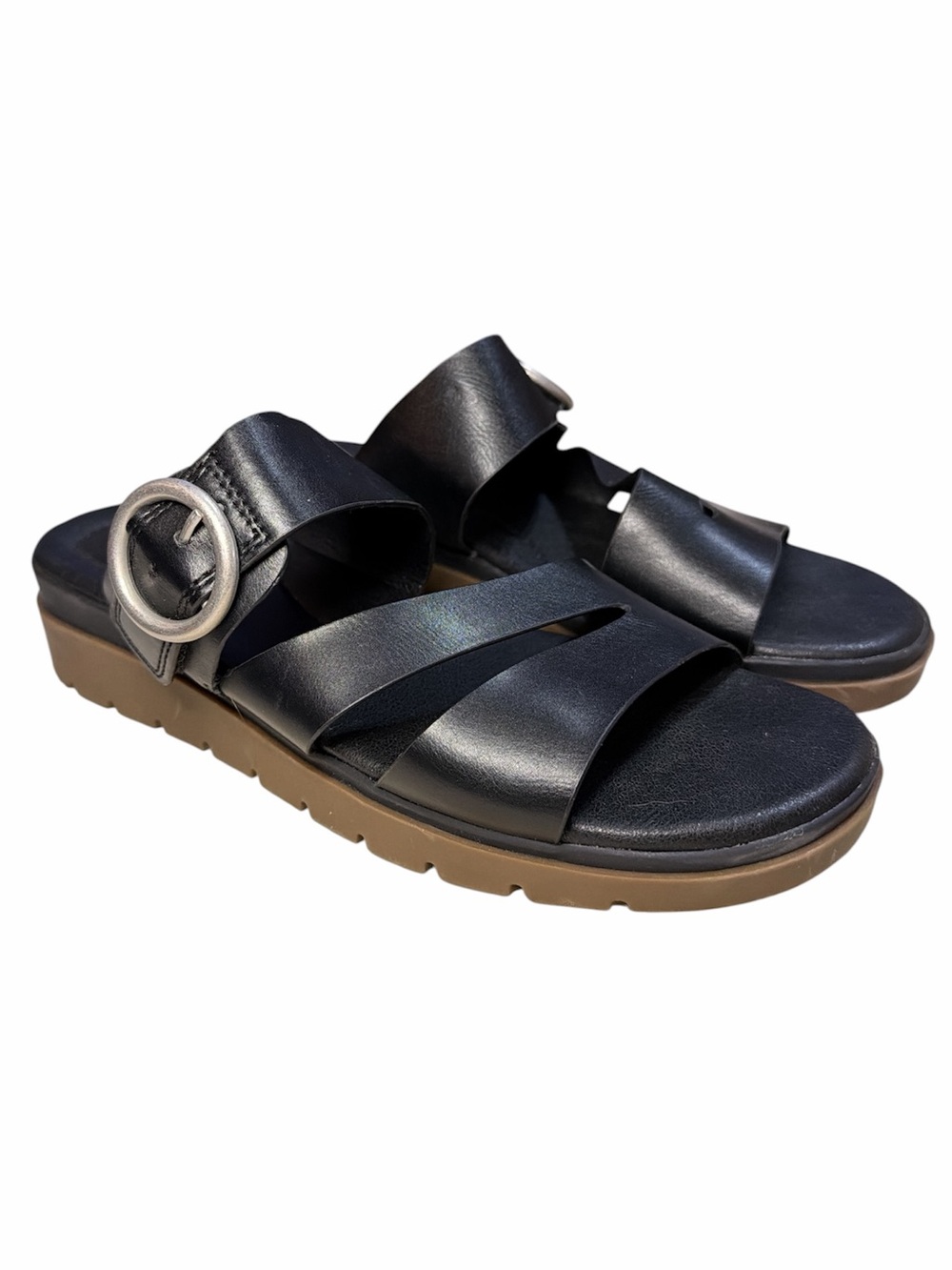 BareTraps Romeo Black Leather Slide Sandals with Tan Outsole